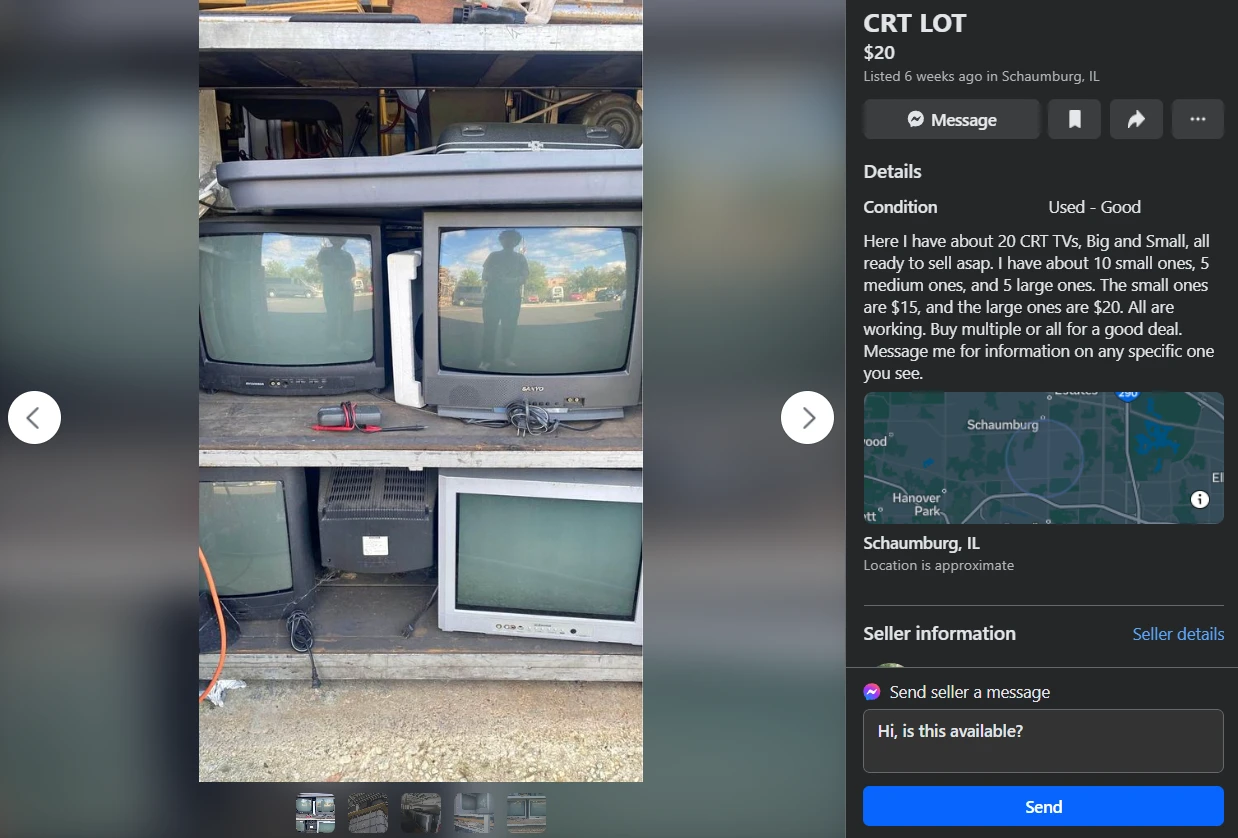 "CRT LOT" listing on Facebook Marketplace: Various CRT TVs for sale, $15-$20 each, Schaumburg, IL.