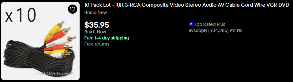 Ebay listing for a 10-pack of 10ft 3-RCA composite video stereo audio AV cables for $35.95, with free 1-4 day shipping and returns.