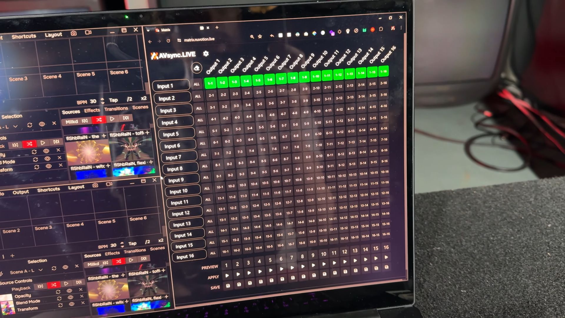 A laptop screen displaying matrix control software, Matrix, for managing multiple video inputs and outputs.