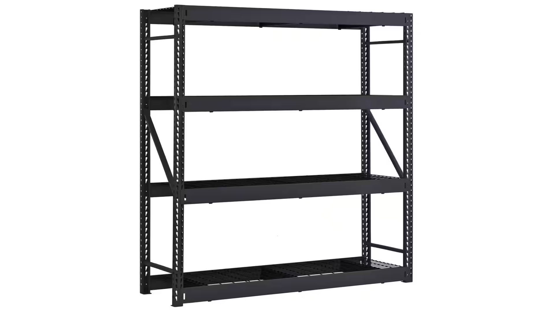 A black metal shelving unit with four adjustable shelves, designed for heavy-duty storage.